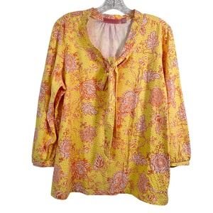 Lilly & Van‎ Yellow Orange Paisley Floral Tie Neck Long Sleeve Blouse XL